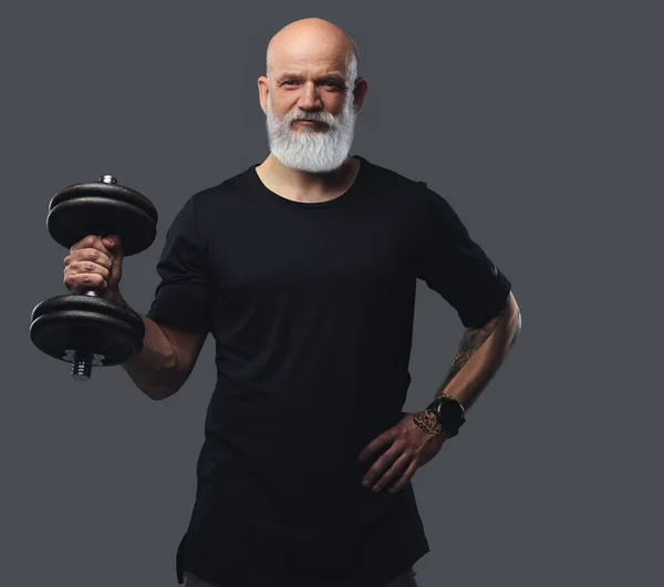 Studio Shot Muscular Senior Man Dressed Sportswear Holding Dumbbell — Zdjęcie stockowe