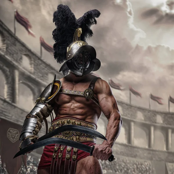 Antik Arenada Iki Kılıç Tutan Kaslı Korkusuz Gladyatörün Portresi — Stok fotoğraf