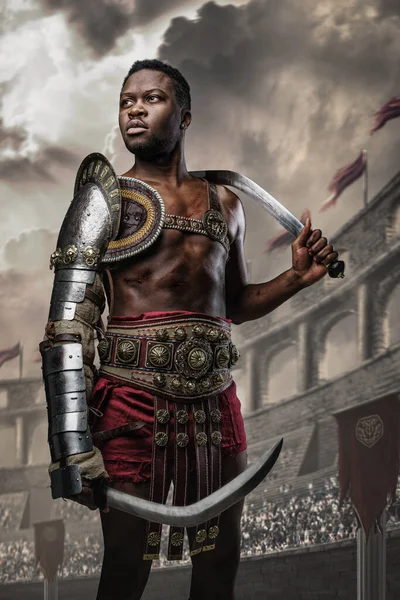Portrait Handsome Gladiator African Ethnic Dressed Light Armor Holding Twin — Stok fotoğraf