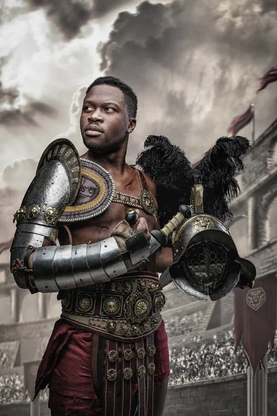 Shot Legendary African Gladiator Holding Two Swords Cross Arena Looking — Fotografia de Stock
