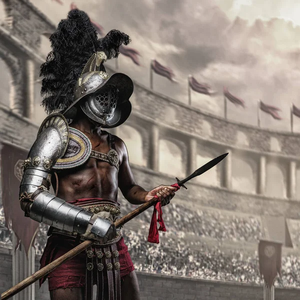 Sztuka Afrykańskiego Gladiatora Starożytnego Rzymu Ubranego Śliwkowy Hełm Lekką Włócznię — Zdjęcie stockowe