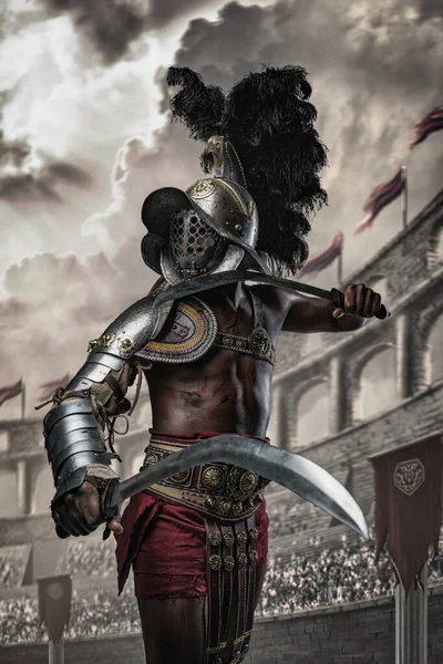 Portrait African Gladiator Twin Swords Standing Combative Posture Roman Arena — ストック写真