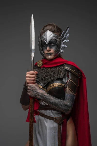 Shot Ancient Valkyrie Make Dressed Dark Armor Red Cape Holding — Stok fotoğraf