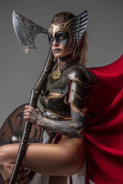 Geçmişten gelen çekici bir kadın savaşçının elinde yuvarlak bir kalkan ve kocaman bir balta vardı..