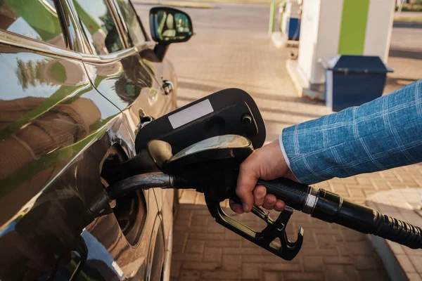 Shot Man Driver Filling His Car Gas Station Outdoors City — 스톡 사진