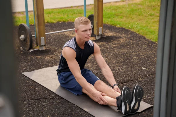 Shot Sportive Boy Dressed Sportswear Warming Sports Ground Outdoors — Stock Photo, Image