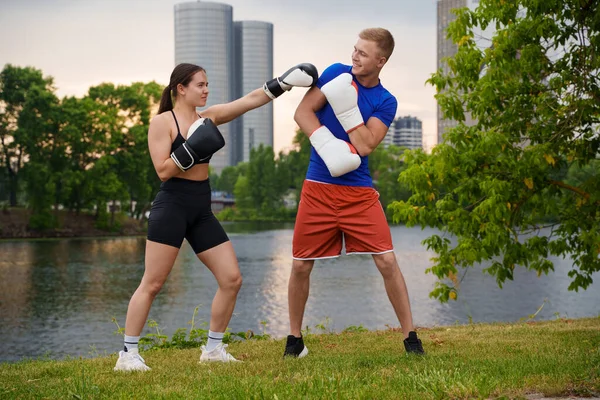 Portrait Professional Male Female Boxers Sparring Outdoors Summertime River — 스톡 사진