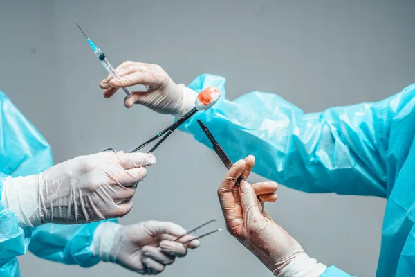 Studio Shot Two Surgeons Dressed Uniform Rubber Gloves Holding Medical — 图库照片