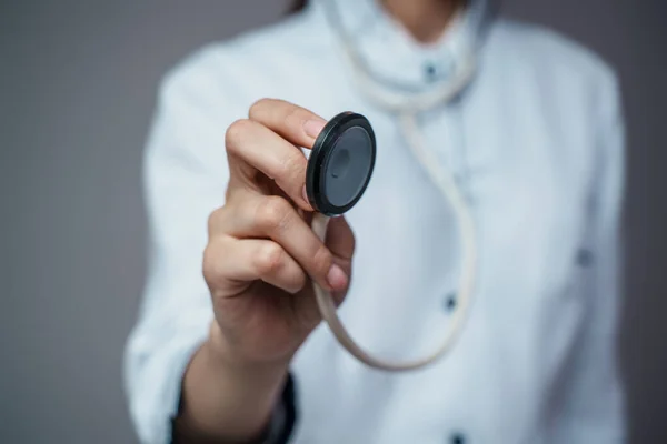 Studio Shot Female Doctor Specialist Dressed Labcoat Stethescope Isolated Gray — Foto Stock