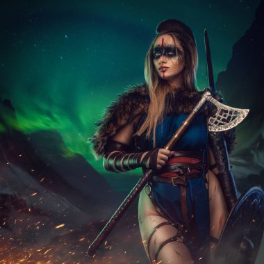Artwork of antique nordic warrior woman with strup back longbow holding shield and axe.