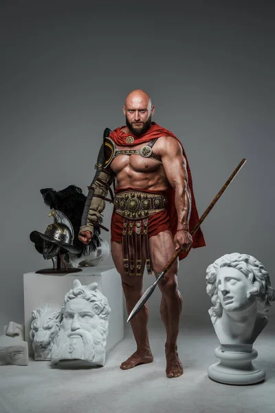 Portrait Handsome Gladiator Spear Posing Marble Greek Statues — Photo