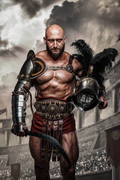 Portrait Arena Fighter Ancient Rome Naked Torso Swords Coliseum — ストック写真
