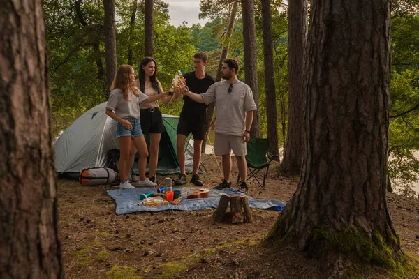 Skutt Fire Turister Som Camper Drikker Sommeren – stockfoto