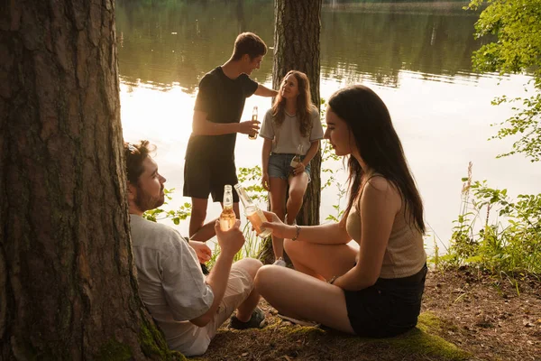 Kompani Fire Venner Som Har Det Gøy Sammen Med Reise – stockfoto