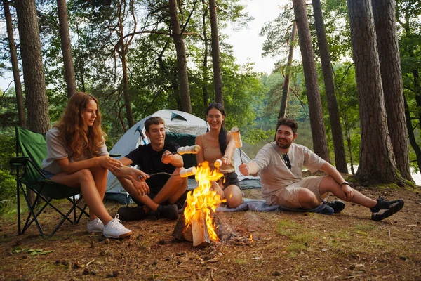 Fotografi Vänner Vandrare Med Tält Och Marshmallows Koppla Tillsammans Skogen — Stockfoto