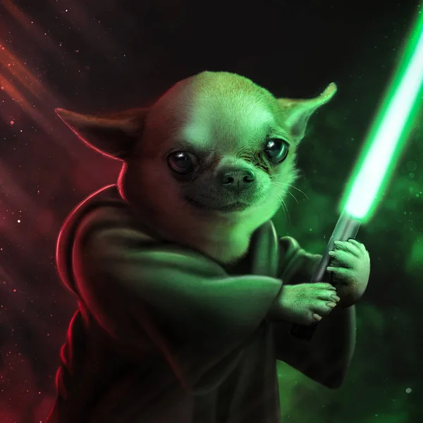 Artwork of funny jedi dog chihuahua breed holding lightsaber against cosmic background.