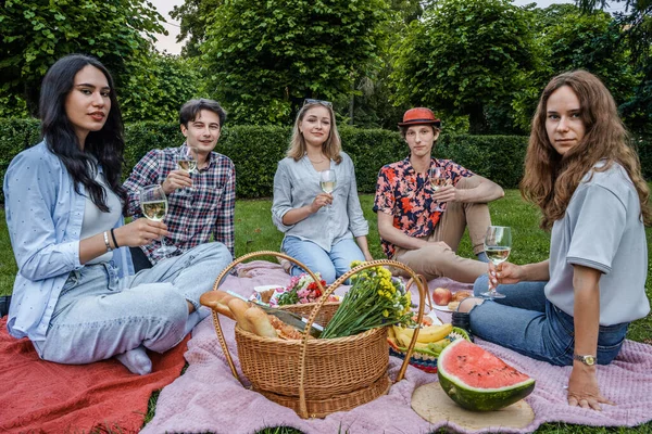 Foto Amigos Alegres Juntos Picnic Beber Comer Parque Natural Verano —  Fotos de Stock