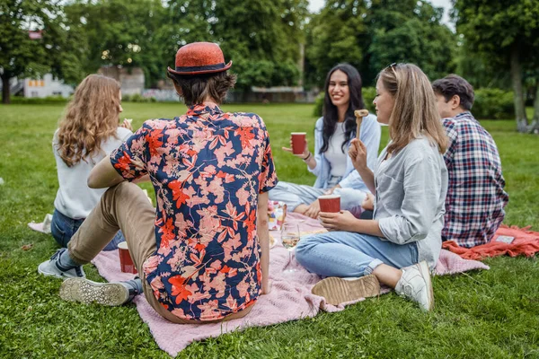 Група Яти Студентів Вихідні Пікніку Літньому Парку Їжею Напоями — стокове фото