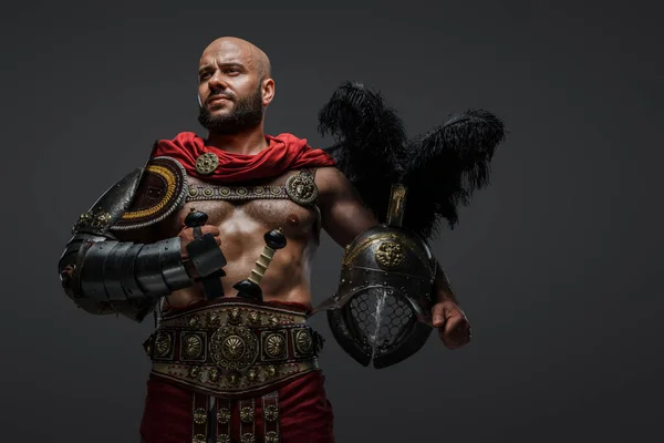 Shot Muscular Bald Gladiator Beard Two Swords Plumed Helmet — Stock Photo, Image