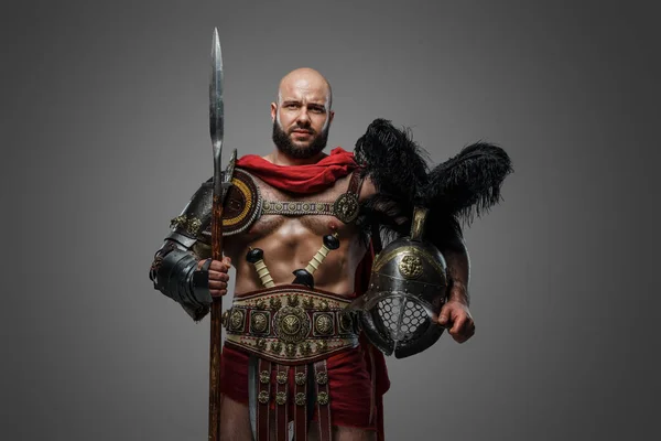 Shot Serious Roman Gladiator Naked Torso Holding Long Spear Plumed — Stock Photo, Image