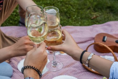 Arkadaşların piknikte şampanya içerken yaz parkında tatillerinin tadını çıkarırken..