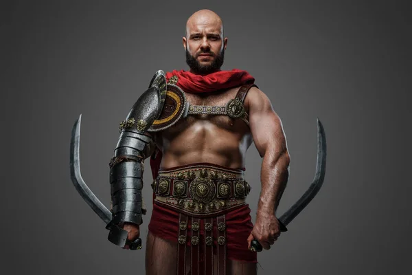 Portrait Bearded Gladiator Dressed Armor Red Cloak Holding Two Swords — Stock Photo, Image