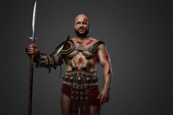 Shot Serious Roman Gladiator Naked Torso Long Spear Isolated Grey — Stock Photo, Image