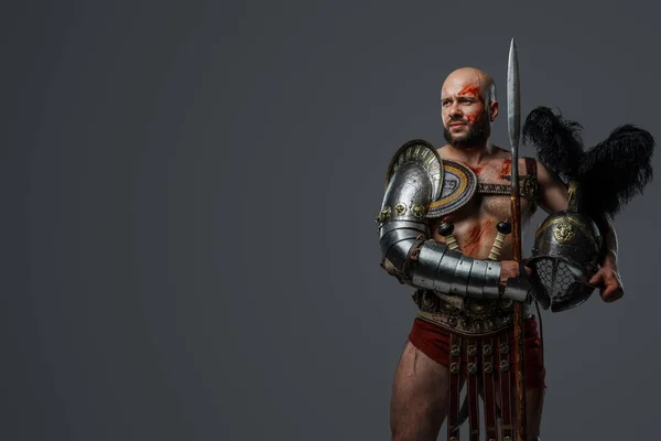 Portrait Handsome Gladiator Muscular Build Holding Long Spear Plumed Helmet — Stock Photo, Image