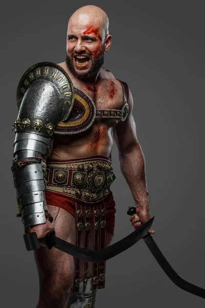 Shot Furious Arena Fighter Dual Swords Dressed Armor Gray Background — Stock Photo, Image