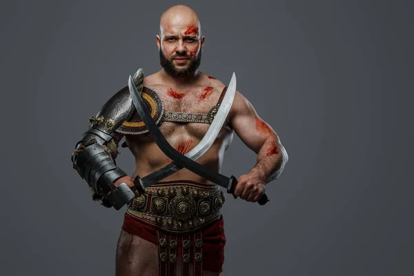 Porträt Eines Mächtigen Gladiators Aus Der Vergangenheit Mit Nacktem Oberkörper — Stockfoto