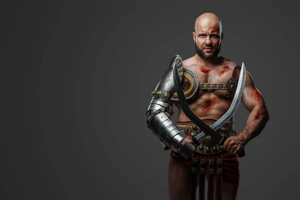 Portret Potężnego Gladiatora Przeszłości Nagim Tułowiem Muskularną Budową — Zdjęcie stockowe