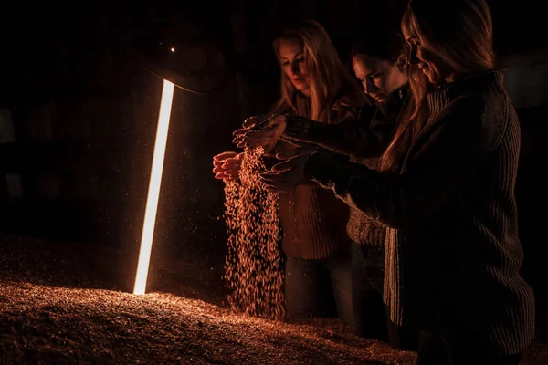 Shot Farmers Women Scattering Grains Led Lampa Wheat Grain Mountain — Stock fotografie