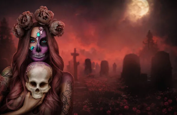 Kızıl Gecelerde Gül Kafatası Çelengi Takan Cazibeli Kötü Kadın Portresi — Stok fotoğraf