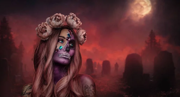 Portrét Půvabné Zlé Ženy Halloweenském Stylu Věncem Růží Hřbitově — Stock fotografie