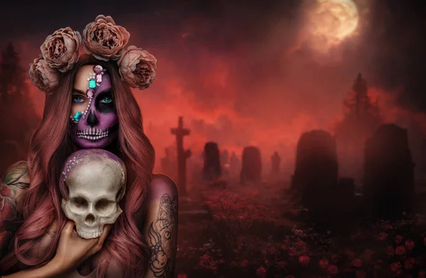 Retrato Mujer Malvada Glamour Con Corona Rosas Cráneo Noche Roja — Foto de Stock