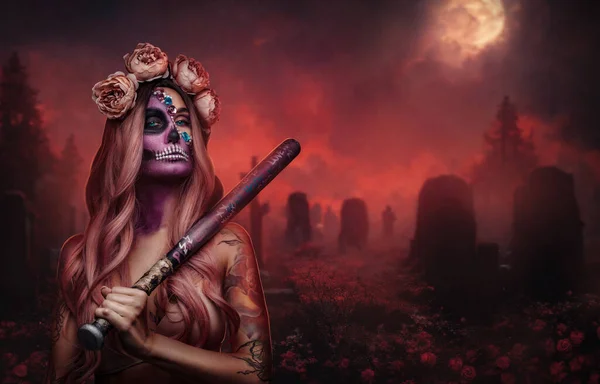 Bruja Mujer Con Muertos Maquillaje Celebración Club Oscuro Cementerio Por —  Fotos de Stock