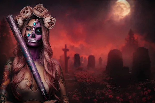 Strega Donna Con Muertos Trucco Holding Club Nel Cimitero Buio — Foto Stock