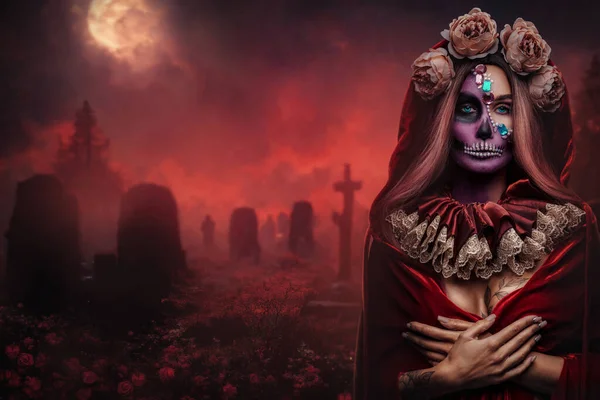 Portrét Půvabné Ďábelské Ženy Halloweenském Stylu Červeném Dřevě Hřbitova — Stock fotografie