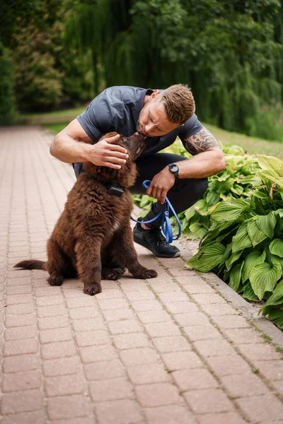 夏の公園で一緒に歩いている男性の所有者とふわふわの犬のショット — ストック写真