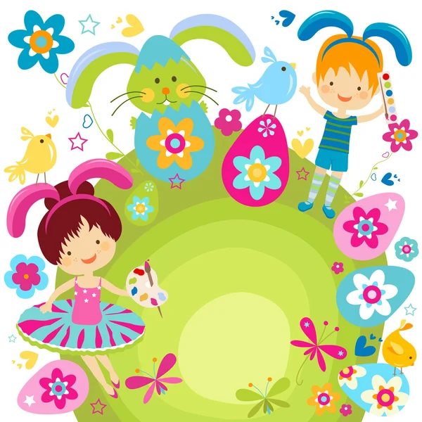 Niño y niña celebrando la Pascua — Vector de stock