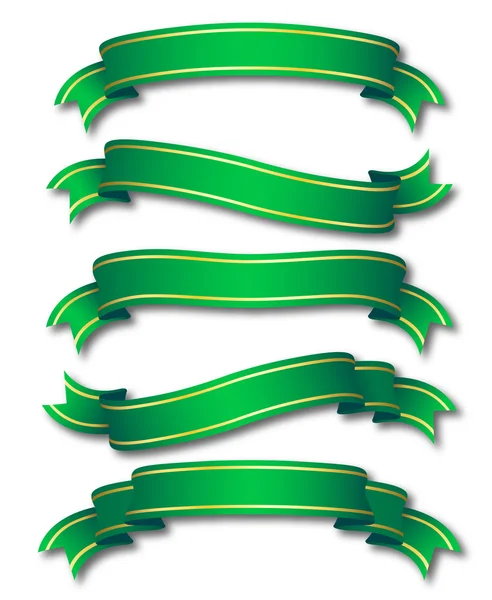 Five curled green ribbons with golden stripe — Stock Vector