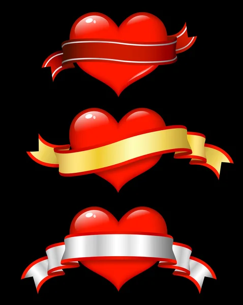 Corazones rojos brillantes con pergaminos — Vector de stock