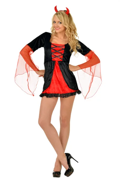 Beautiful blonde woman in carnival costume of devil. — Stock Photo, Image
