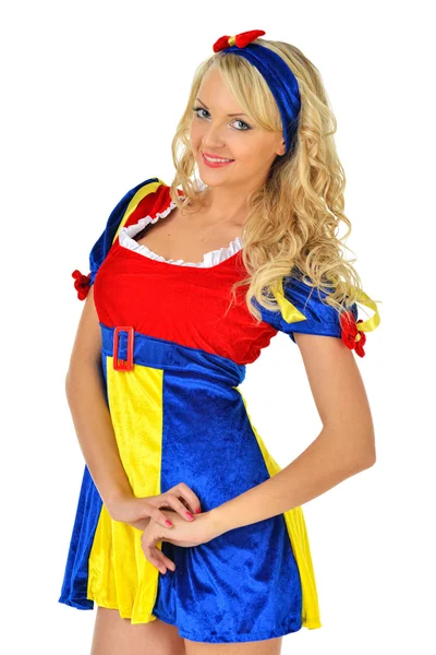 Beautiful blonde woman in masquerade snow white costume. — Stock Photo, Image