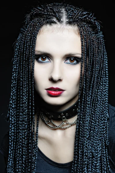 Beautiful woman in gothic shape with african pigtails . — Stock Photo, Image