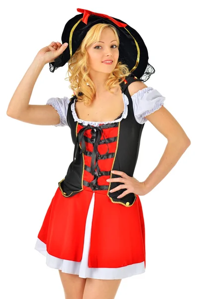 Mulher loira bonita em traje de pirata de carnaval . — Fotografia de Stock