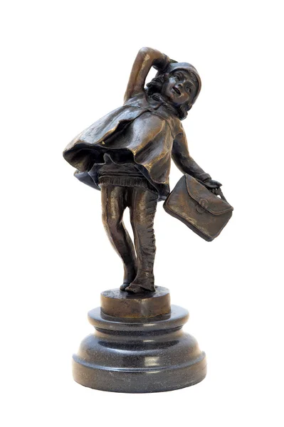 Antique bronze figurine of the girl with bag. — Stock Photo, Image