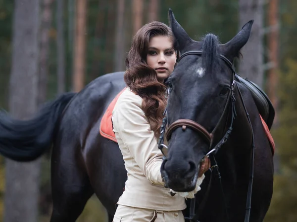 Una joven morena hermosa jinete junto a un caballo negro en plena munición, —  Fotos de Stock