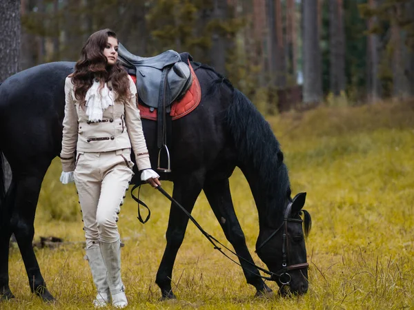 A young beautiful brunette rider next to a black mare in full ammunition, — Stock Photo, Image