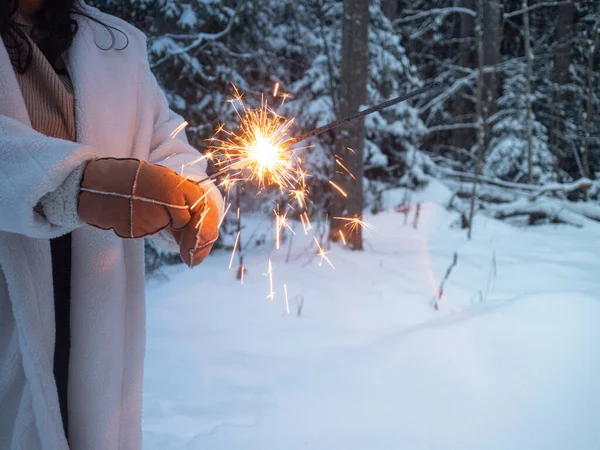Ciao inverno, accogliente umore invernale. Una ragazza in pelliccia bianca e guanti caldi — Foto Stock